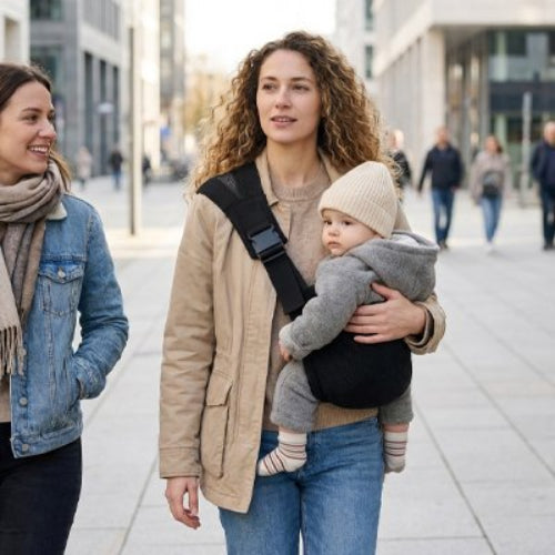Porte bebe noir maman en promenade porte son enfant en face