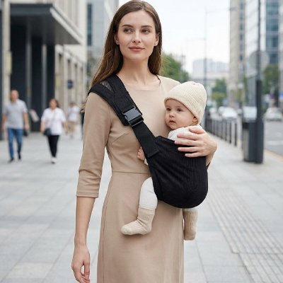 Porte bebe noir maman marche porte son enfant en face