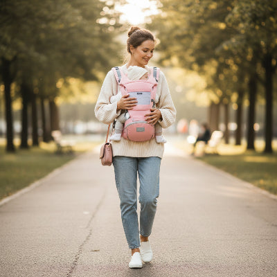 Porte bebe coton maman porte son bebe en promenade