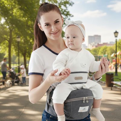 Porte bebe maman avec sa fille en promenade