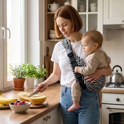 Porte bebe maman et son bebe dans la cuisine