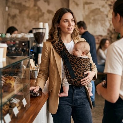 Porte bebe maman et son bebe dans un café