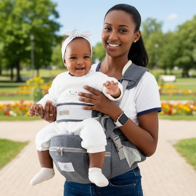 Porte bebe maman porte sa fille souriante  au parc