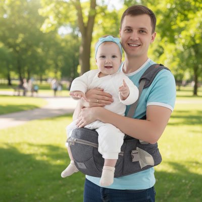 Porte bebe papa et sa fille en promenade au  parc