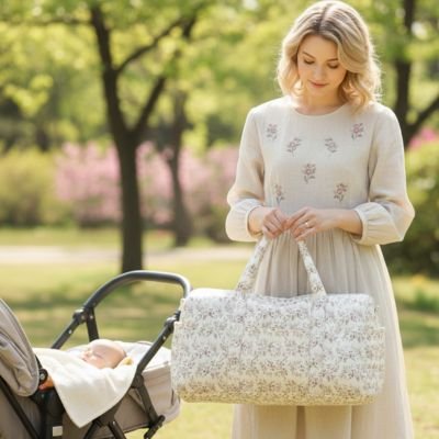 Sac a langer tenu par une femme au parc avec la poussette